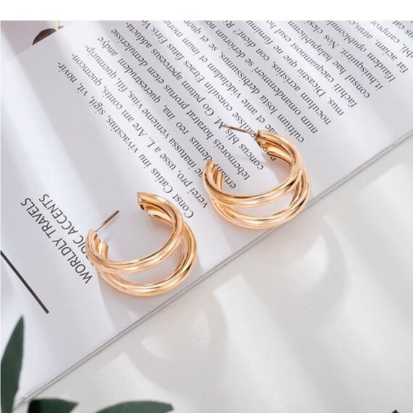 14k Gold Big Hoop Earrings Triple Round Hoop Earrings Basic Statement Earrings - Picture 4 of 6